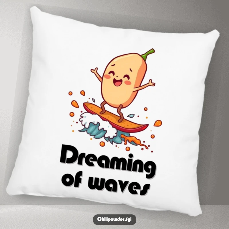 Funny Pillow: A chili powder flake surfs a spice wave with joyful abandon, offering plush comfort and humorous vibes.