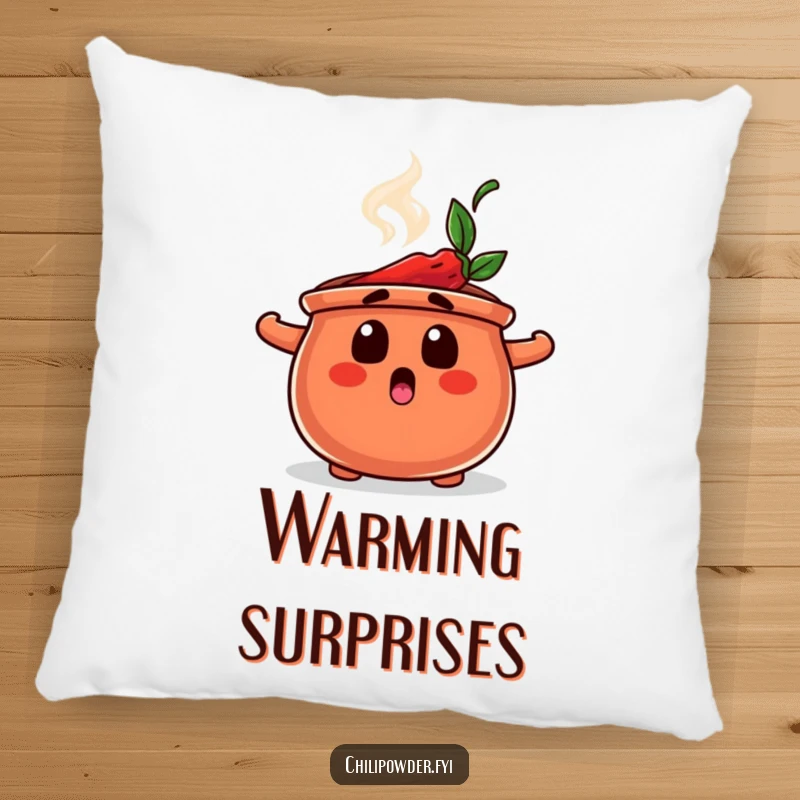 Funny pillow with a plush chili powder pot character looking surprised and steaming, offering comfort and a humorous visual.