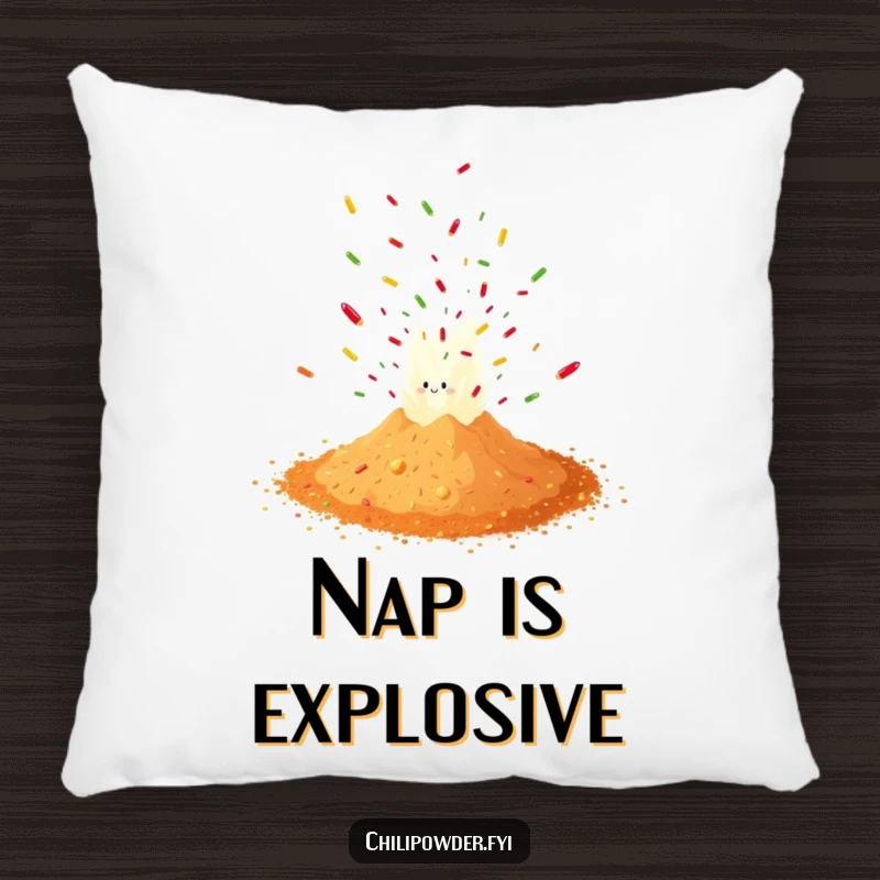 Funny chili powder erupting in a burst of confetti, depicted on a soft pillow for a humorous and comfortable touch.