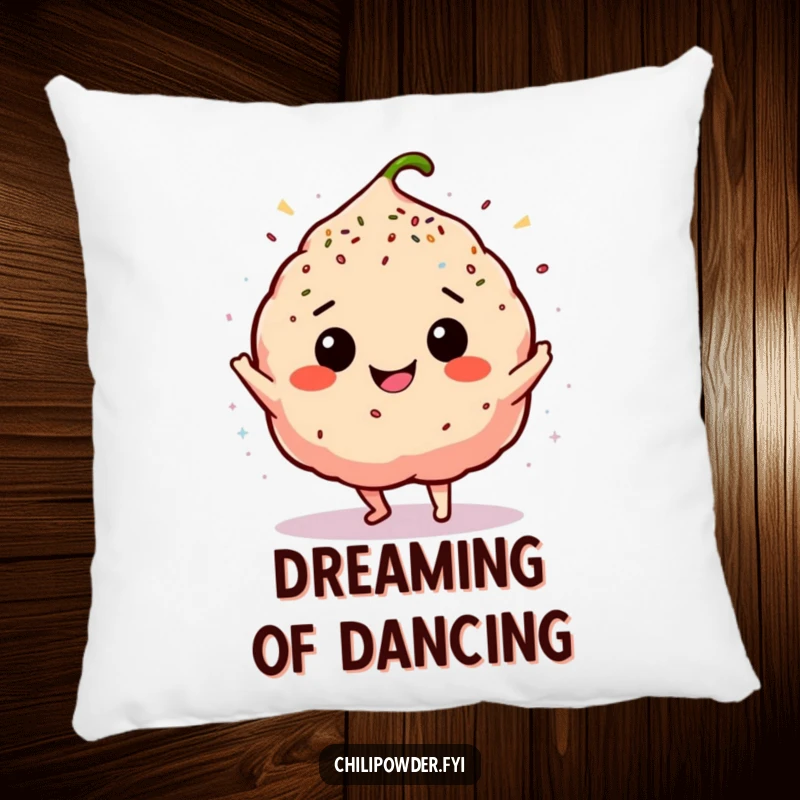 Funny chili powder puff doing a silly happy dance, surrounded by sprinkles, shown on a soft throw pillow.