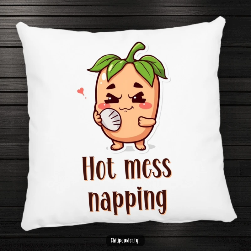 Funny chili powder character with a happy grimace, fanning its face on a pillow, offering comfort with a humorous and spicy theme.
