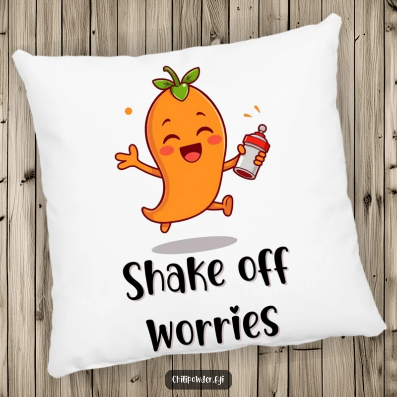 Funny chili powder character leaping with excitement, shaking a tiny spice shaker on a pillow, offering comfort with a spicy and energetic vibe.