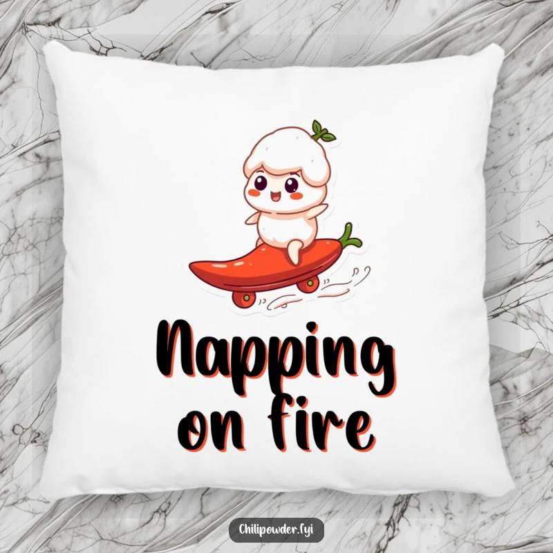 Funny chili powder puff, depicted surfing a rolling pepper, shown on a soft and comfortable pillow.