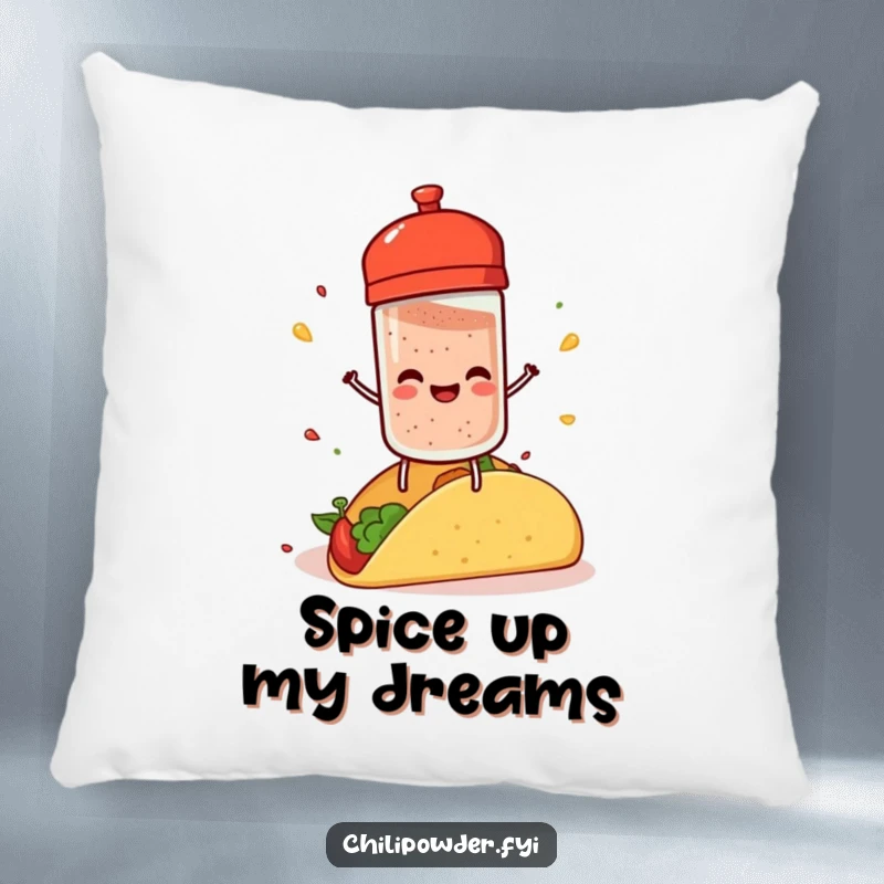 Funny chili powder shaker with tiny legs, joyfully sprinkling spice on a taco, offering cozy comfort.