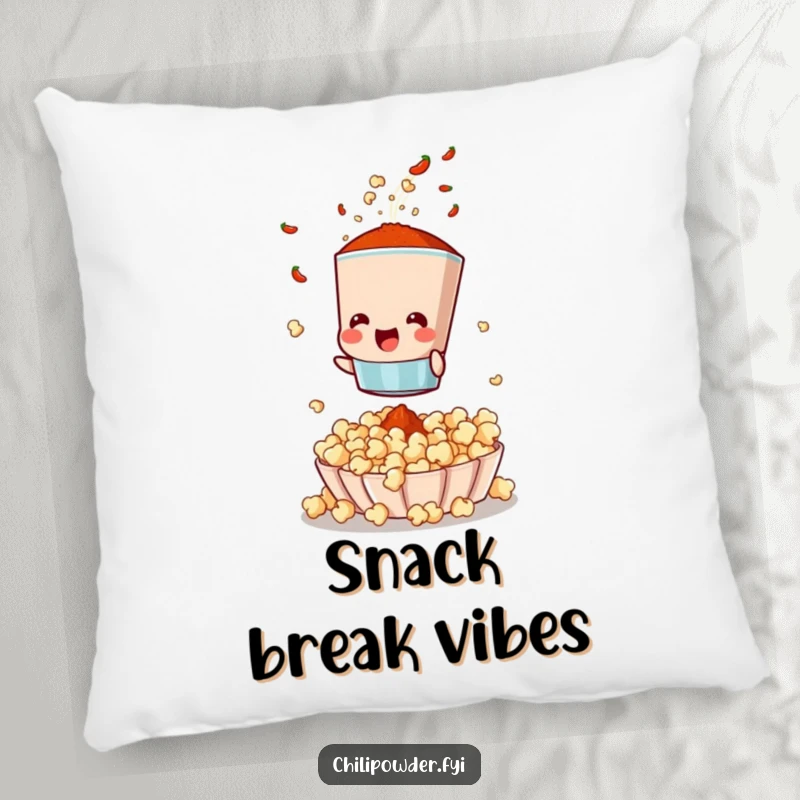 Funny pillow showcasing a chili powder sifter character excitedly seasoning popcorn, providing comfort and a humorous touch.
