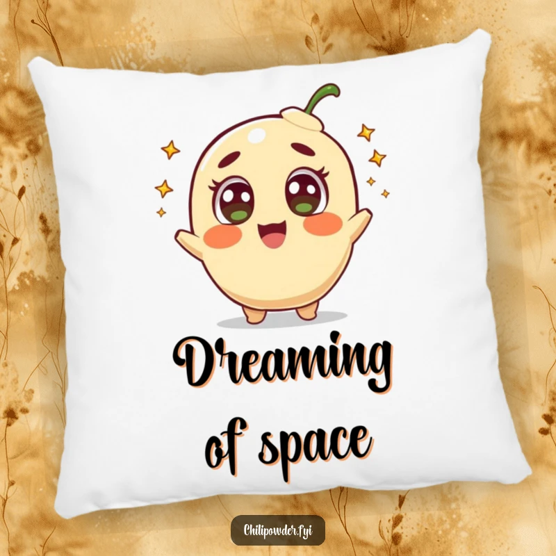 Funny pillow designed with a joyful chili powder character with wide, amazed eyes, shooting tiny comets for cosmic dreams.