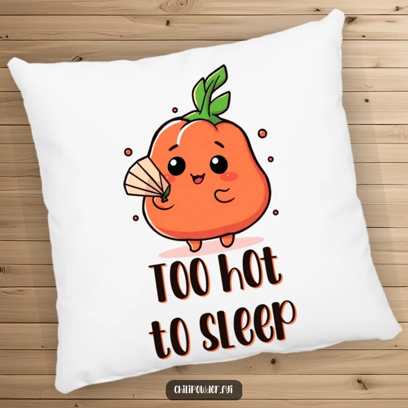 Funny Kawaii chili powder character fanning itself dramatically with a leaf on a soft pillow, offering humorous relief.