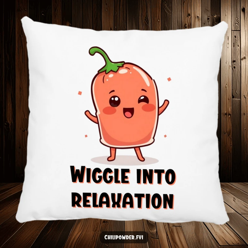 Funny Kawaii chili powder pouch doing a cheerful shimmy dance, a soft and humorous decorative pillow.
