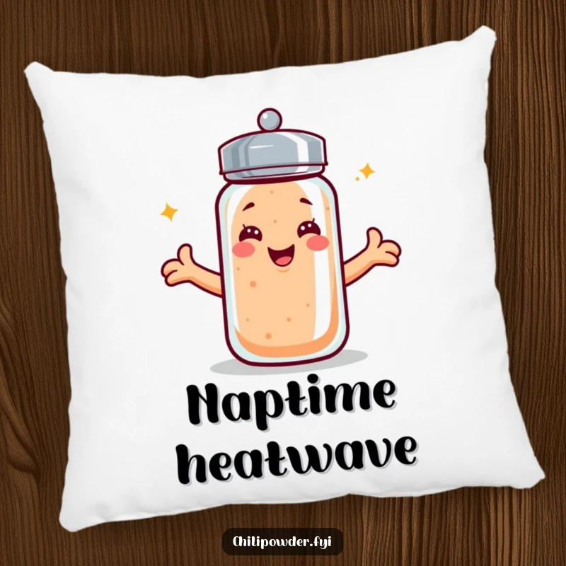 Funny kawaii chili powder shaker pillow, smiling broadly with arms outstretched, inviting a cozy, spicy cuddle.