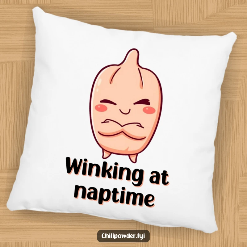 Funny Pillow: Kawaii chili powder character winking mischievously, arms crossed, providing a soft, humorous, and playful decorative accent for ultimate comfort.