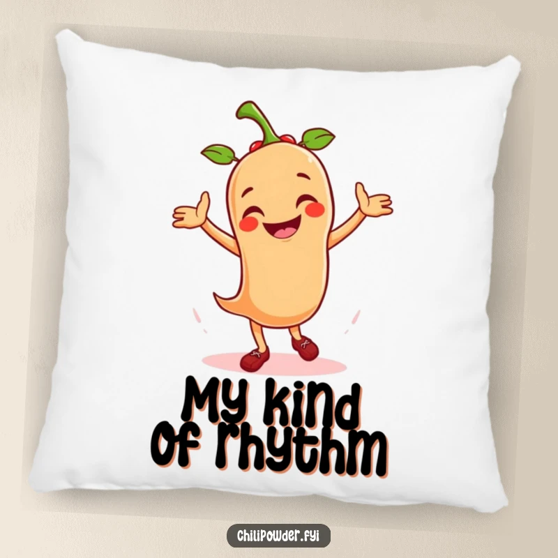 Funny pillow displaying a smiling chili powder character in a festive salsa dance pose, offering comfort and spicy cheer.
