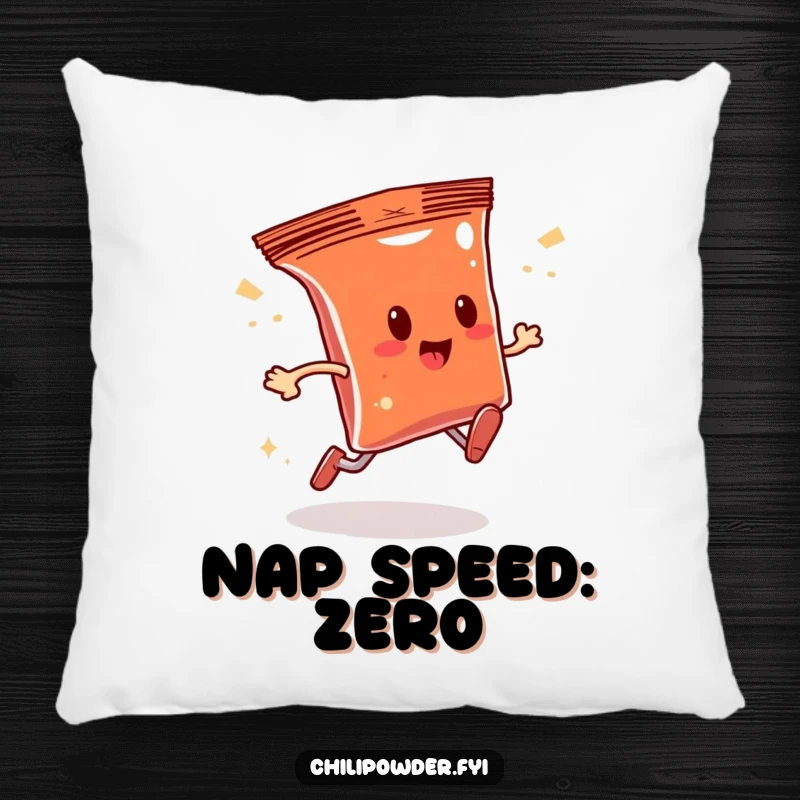Funny chili powder bag character running with a magical sparkly trail, designed on a comfortable pillow, bringing humor and coziness.