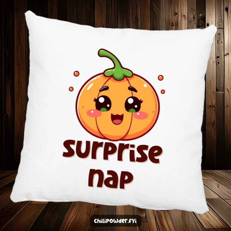 A chili powder character with eyes wide in playful surprise, depicted on a soft pillow for a humorous and comforting accent.
