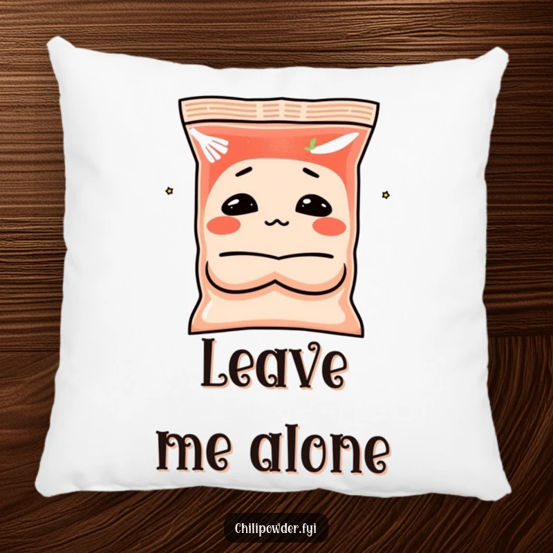 Funny chili powder throw pillow featuring a spice bag character making a pouting face with crossed arms, offering comfort and sassy humor.