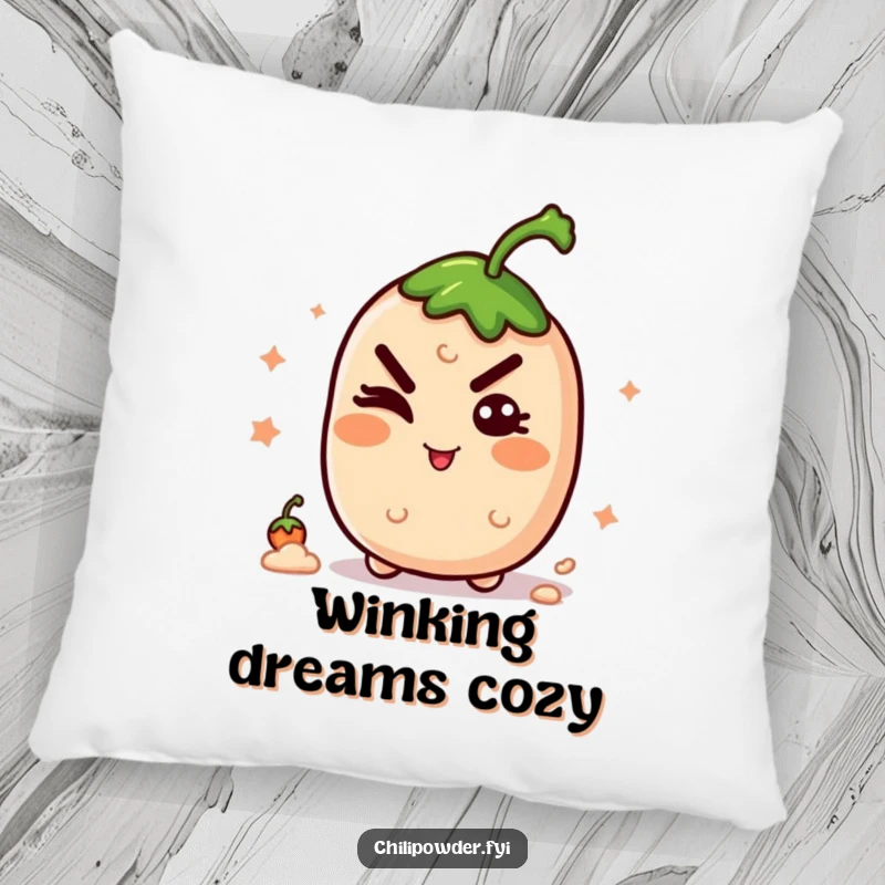 Funny kawaii chili powder winking with a mischievous grin, creating a soft and cozy pillow with a playful, spicy secret.