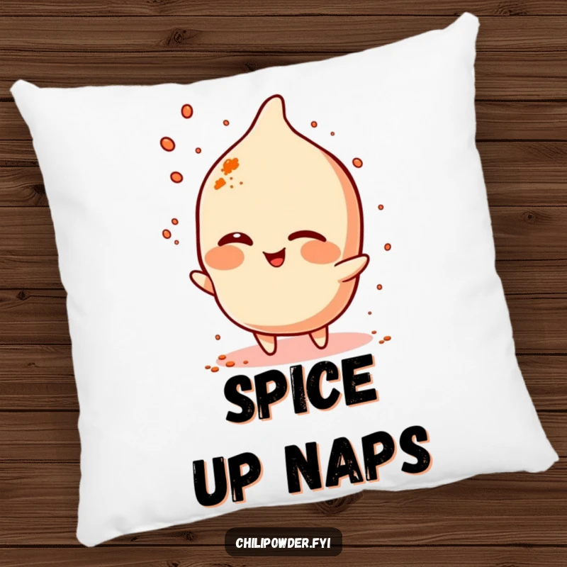 Funny chili powder character winking and sprinkling spice on a soft pillow, adding cozy charm.
