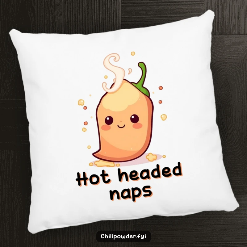 Funny kawaii chili powder with playful steam swirls around its head, creating a soft and cozy pillow with a steamy touch.