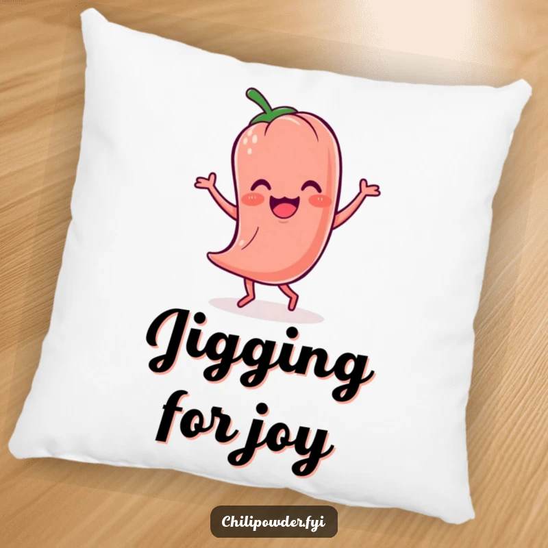 Funny Kawaii chili powder character in a comical jig, a soft and humorous pillow for any room.