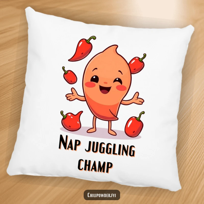 Funny Chili Powder Juggling Pillow: A smiling chili powder character juggling peppers, offering comfort and humor in a plush design.