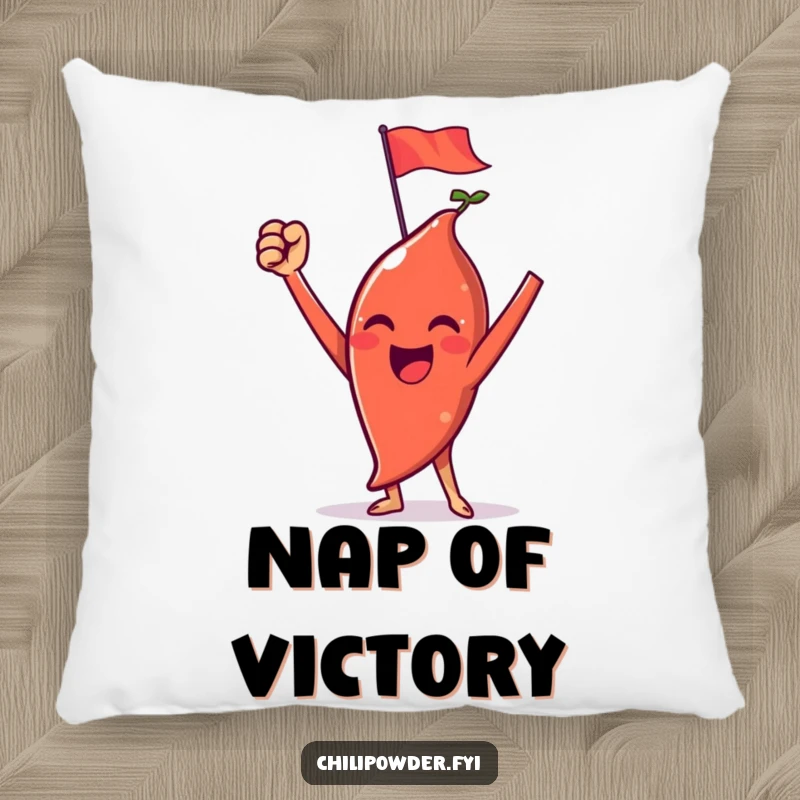 Funny chili powder pillow depicting a triumphant character with raised arms and a tiny flag, offering comfort and victory.