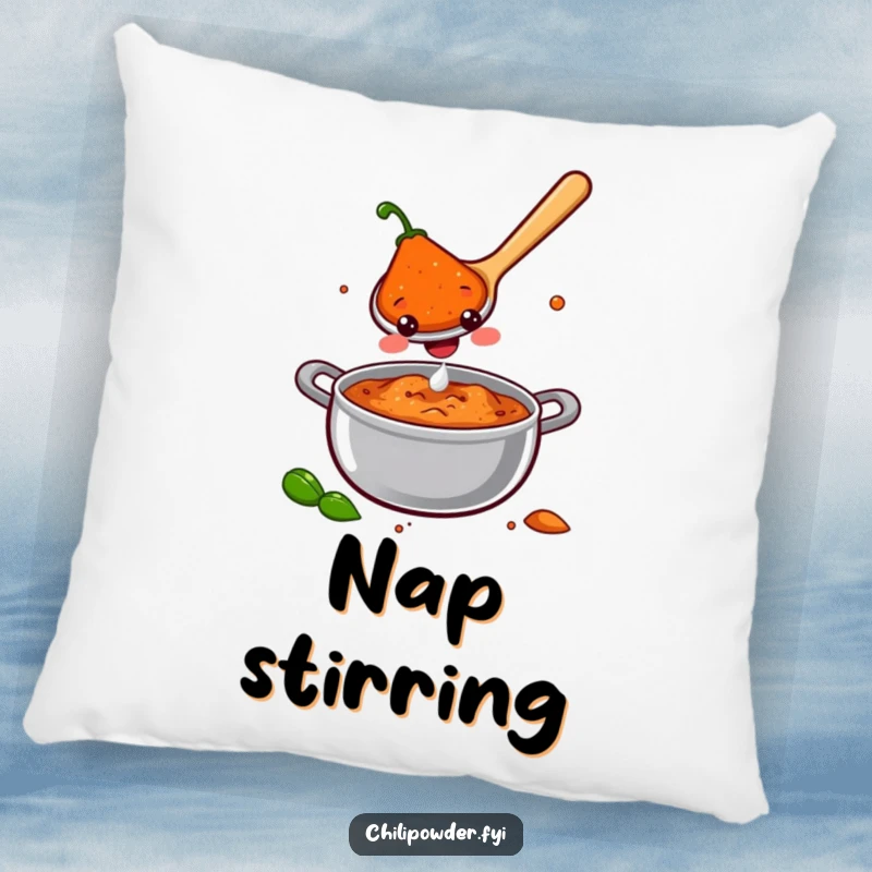 A smiling chili powder spoon stirring a pot of joy, depicted on a soft pillow for a humorous and comforting accent.