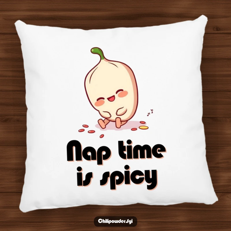Funny chili powder character tripping slightly but smiling, dusting itself off on a soft pillow, adding comfort.
