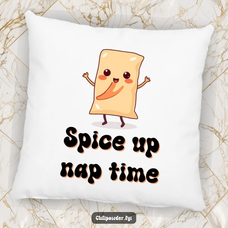 Funny Kawaii chili powder bag with tiny legs dancing salsa on a soft pillow, a cute and cozy spicy decor piece.