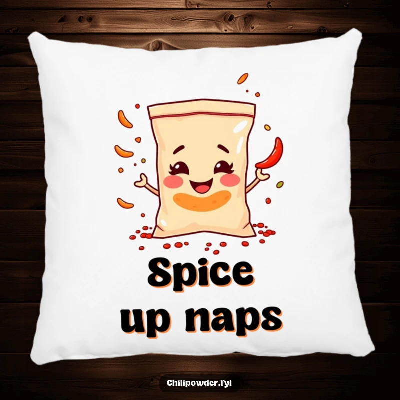 Funny Pillow: A chili powder bag with a sly smile juggles spice flakes, offering plush comfort and comedic relief.