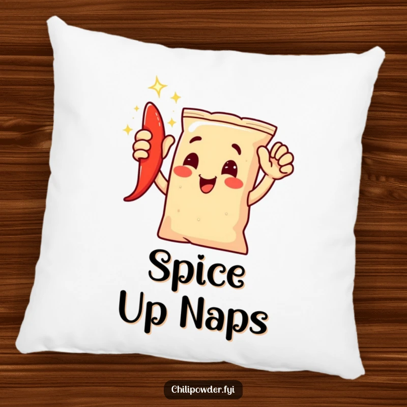 Funny chili powder bag character performing a shimmering high-five, designed for a comforting and funny pillow.