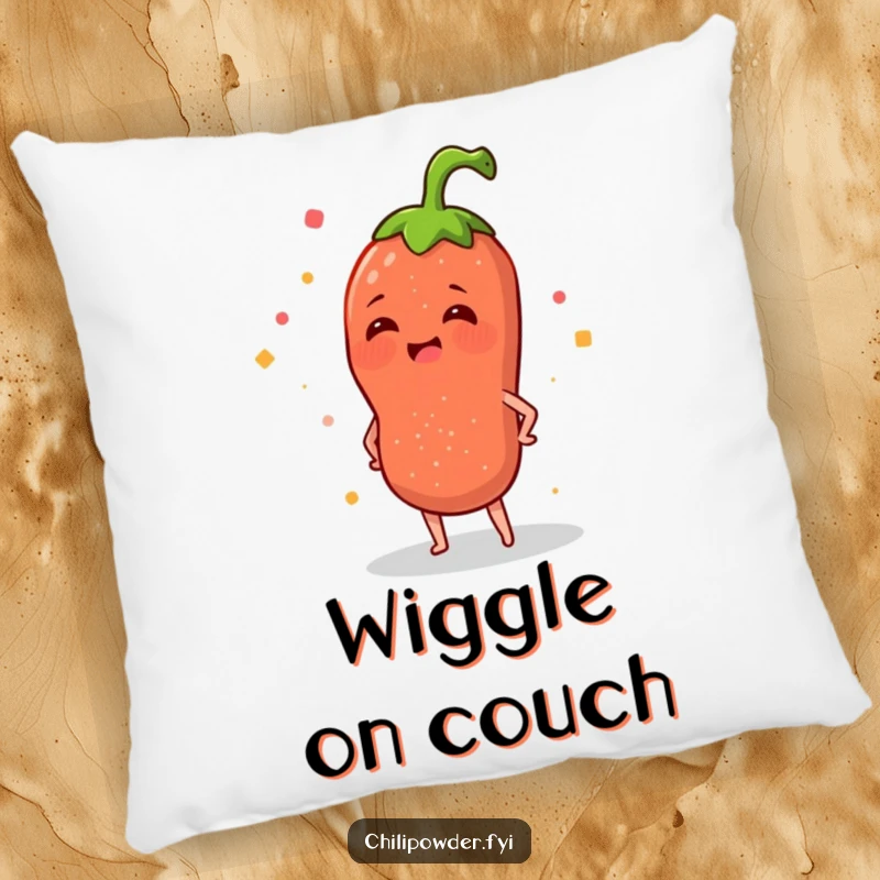 Funny pillow with a plush chili powder sprinkle character happily wiggling its hips, offering comfort and a humorous vibe.