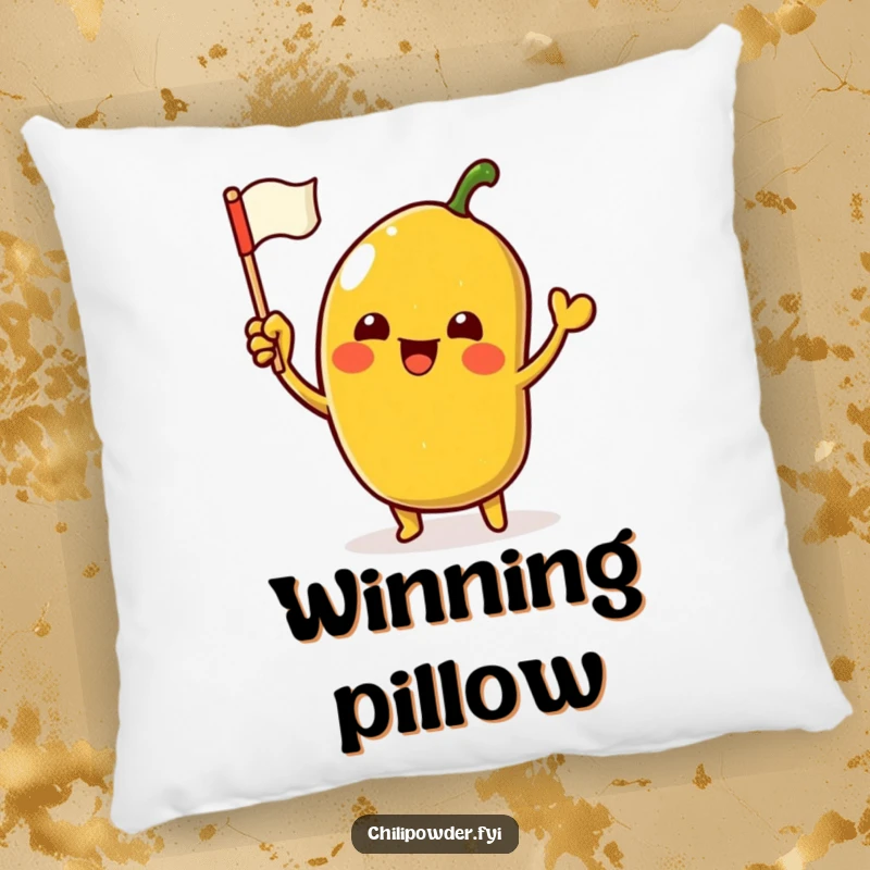 Funny Pillow with an excited kawaii chili powder character waving a miniature flag, offering soft comfort and spicy amusement.
