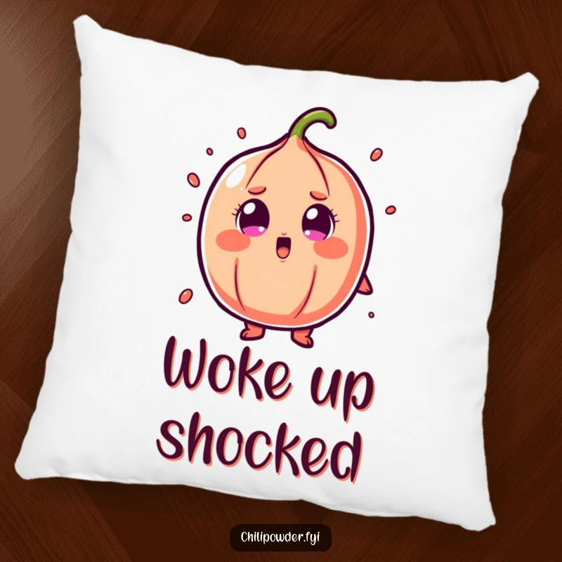 Funny chili powder pillow depicting a character with cartoonish shock and wide eyes, offering comfort and humor.