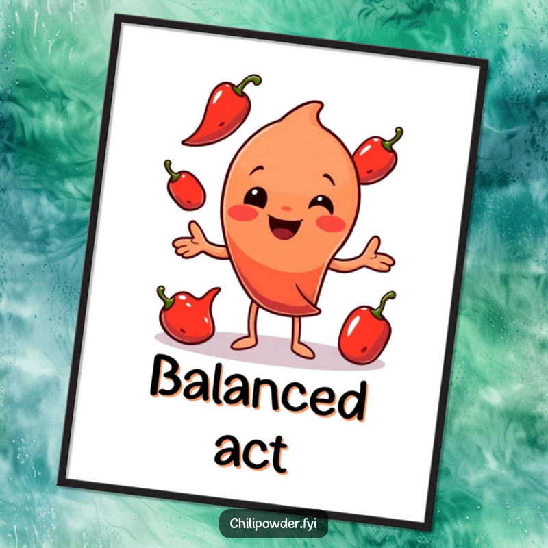 Funny Chili Powder Juggling Digital Art: A smiling chili powder character adeptly juggling peppers, offering instant humorous wall decor.