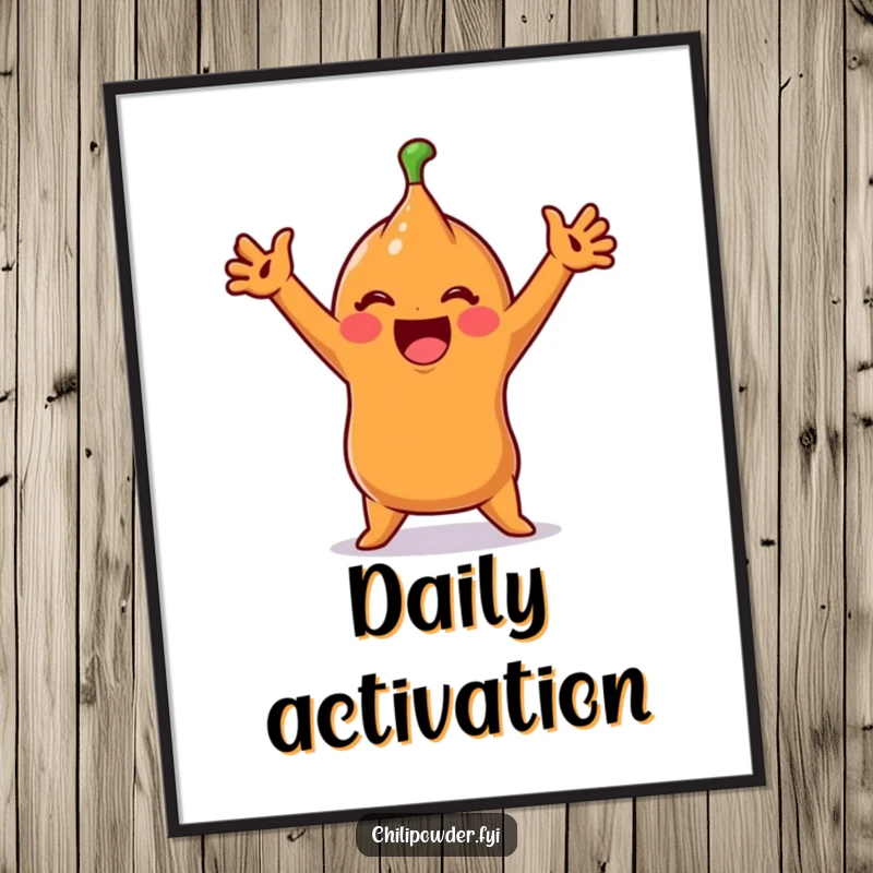 Funny Digital Art Print: A cute chili powder character does an exaggerated stretch, bringing playful morning energy to any room.