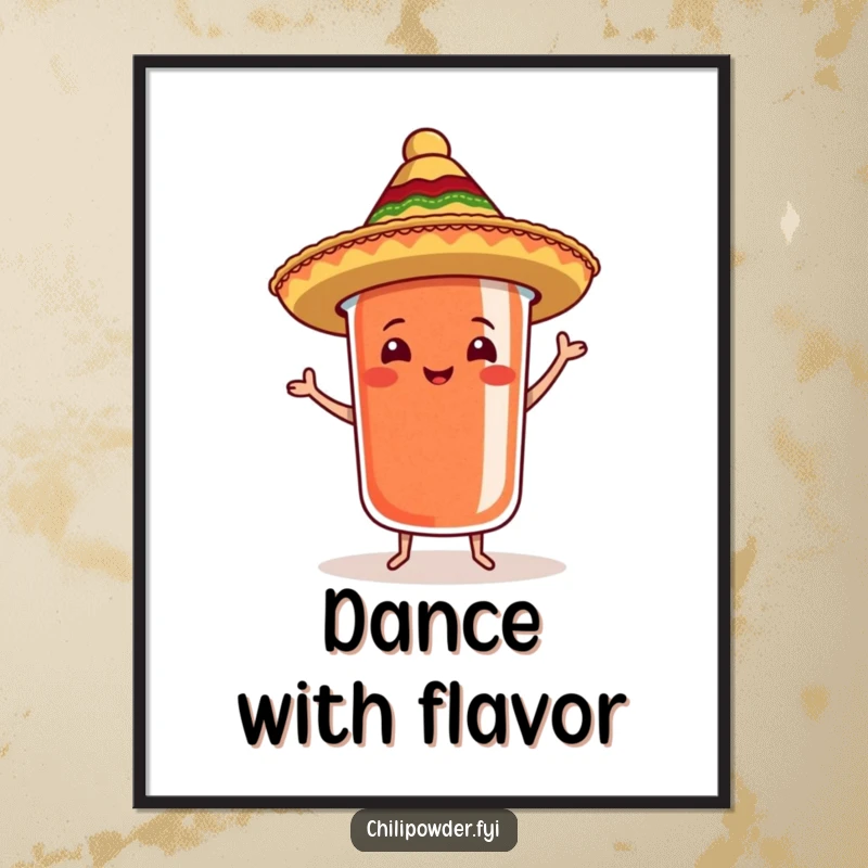 Funny chili powder container with sombrero dancing samba digitally rendered art print, full of festive energy.
