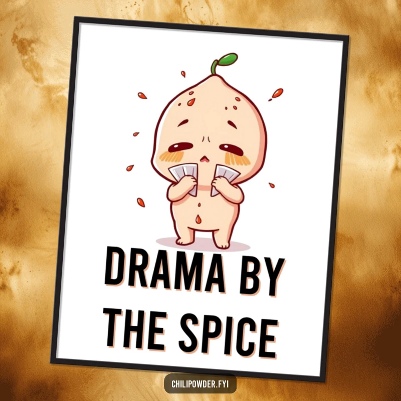 Funny chili powder digital art print of a character sweating profusely and fanning itself dramatically, for decor.