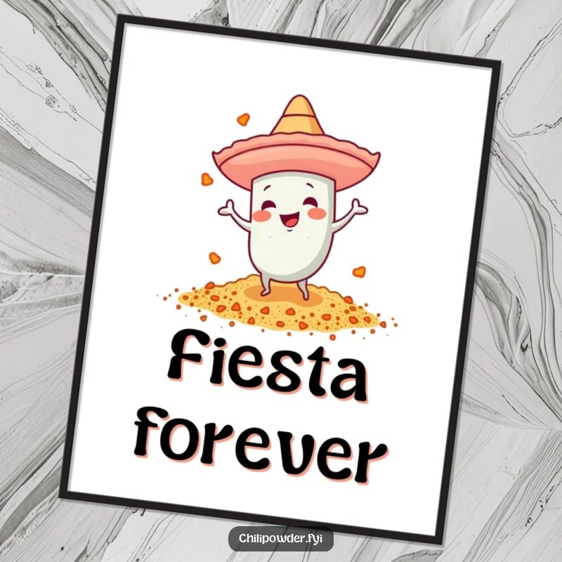 Funny chili powder digital art print of a character with a tiny sombrero, dancing energetically for a festive feel.