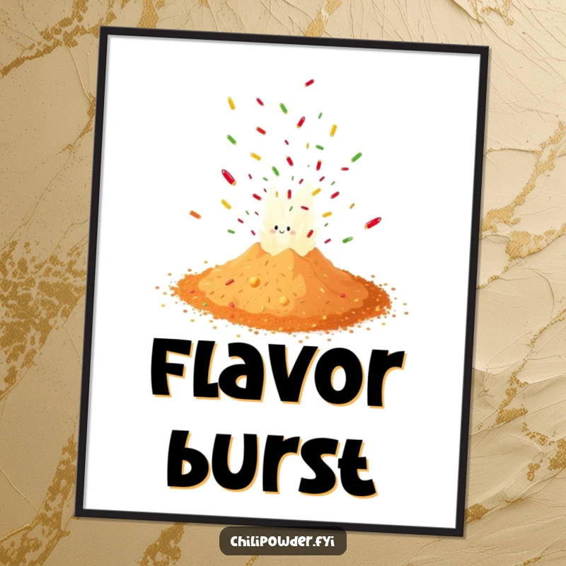 Funny chili powder erupting in a confetti burst, available as a digital art print for vibrant and humorous wall decor.