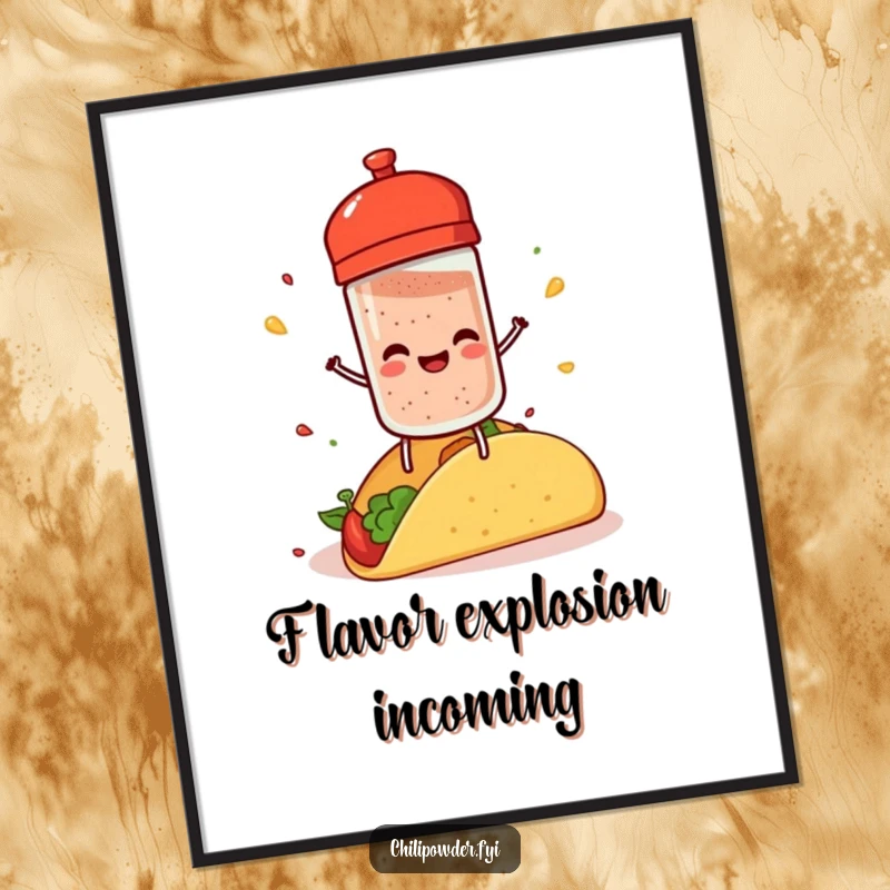 Funny chili powder shaker with tiny legs, joyfully sprinkling spice on a taco, ready to spice up your digital frame.