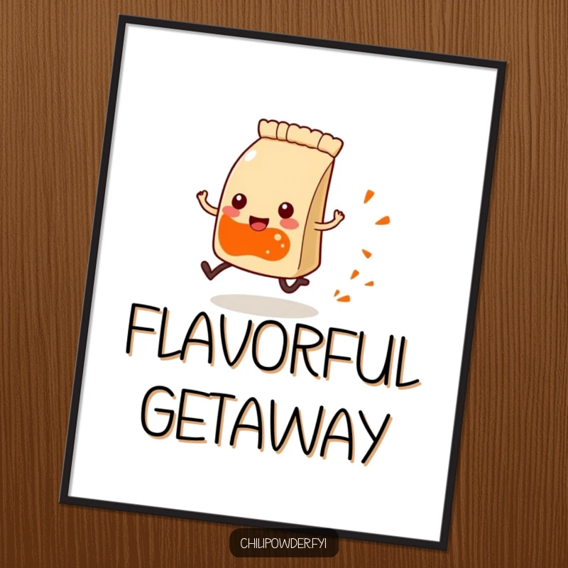 Funny Kawaii chili powder pouch with tiny legs, running happily and leaving a spice trail, vibrant digital art.