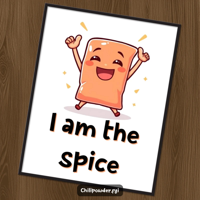 Funny small chili powder pouch performs a victorious dance with a triumphant grin, available as a downloadable digital art print.