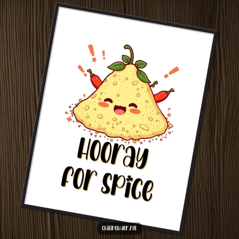 Funny digital art of a pile of chili powder characters cheering with tiny exclamation marks, ready for instant download and display.