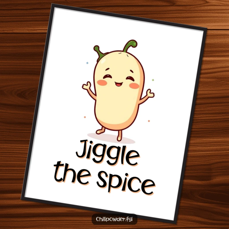 Funny digital art print of a chili powder character performing a lively jig, ready to be printed and hung for instant comedic spice.
