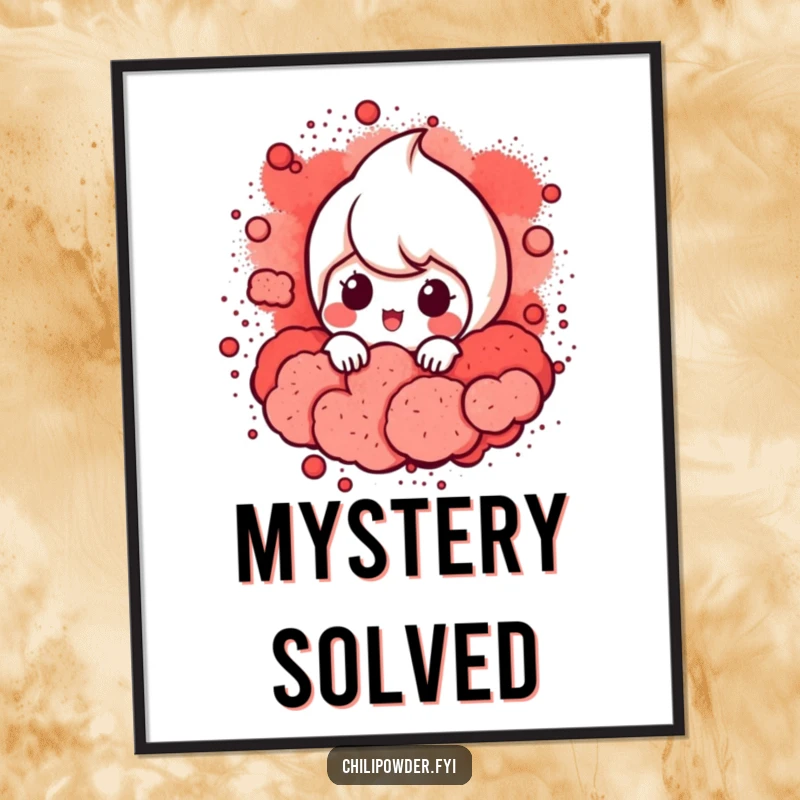 Funny Chili Powder Peek Digital Art: A chili powder character peeking from red powder, for instant, mysterious, humorous wall decor.