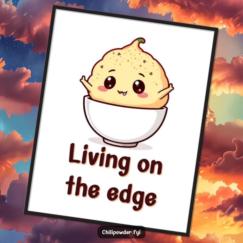 Funny chili powder puff with googly eyes leaping digitally rendered art print, perfect for vibrant decor.