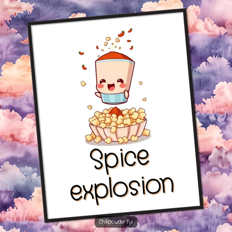 Funny digital art of a chili powder sifter character joyfully shaking spices onto popcorn, ready for instant download and display.