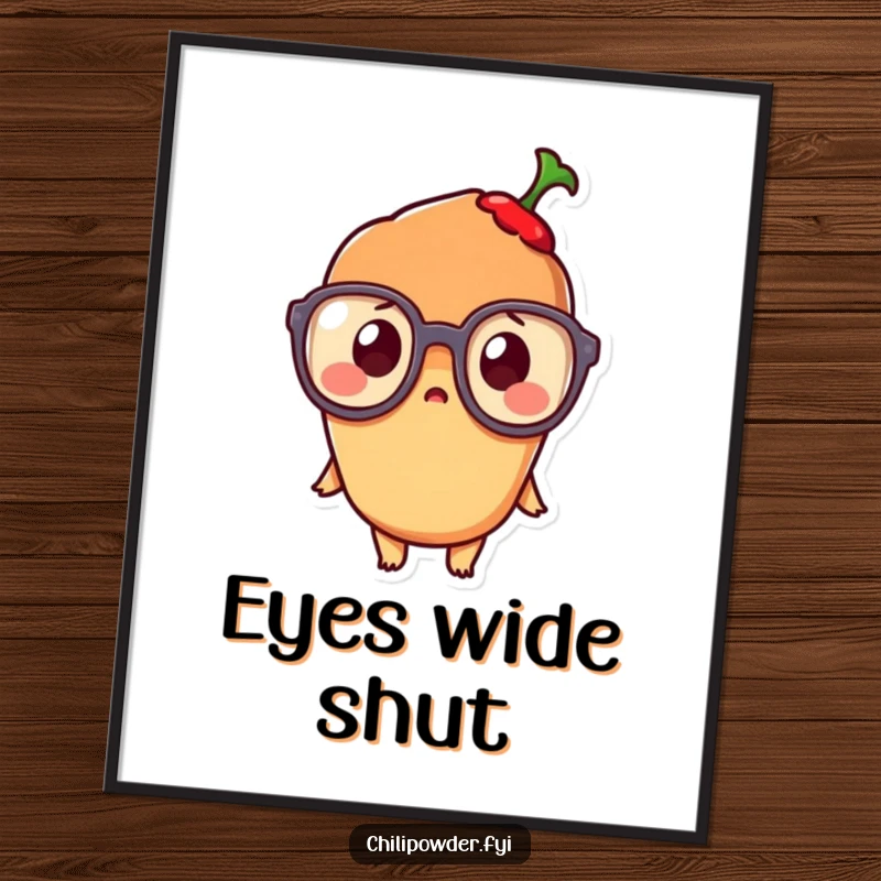Funny Kawaii Chili Powder Digital Art Print: An adorable, surprised kawaii chili character in oversized glasses, for instant humorous decor.