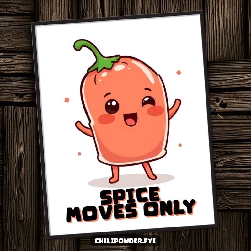Funny Kawaii chili powder pouch doing a cheerful shimmy dance, a vibrant digital art print.