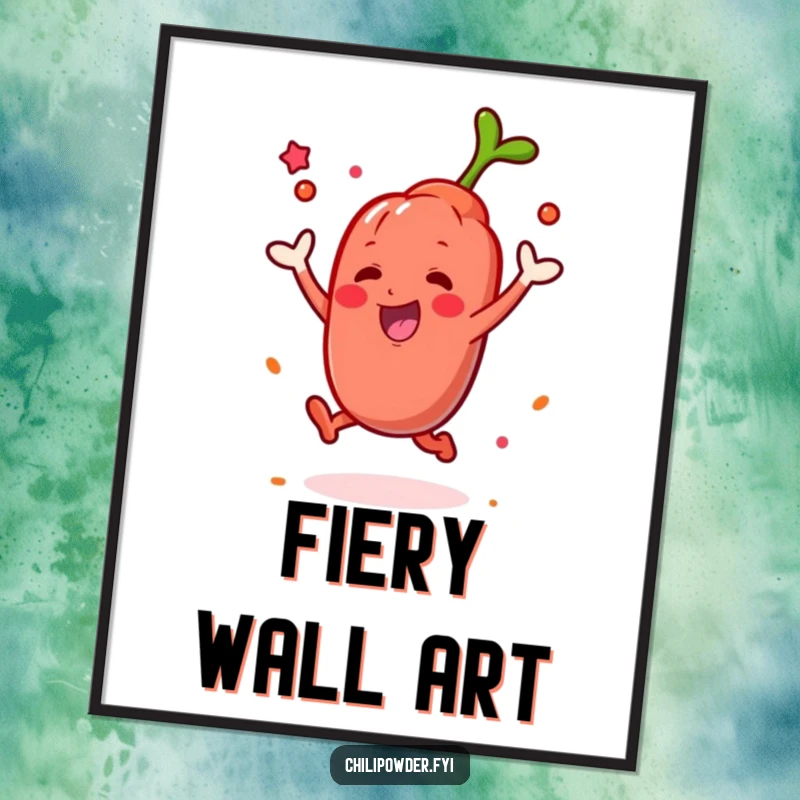 Funny Kawaii chili powder character leaping with a puff of spice, perfect for a digital art print with a spicy theme.
