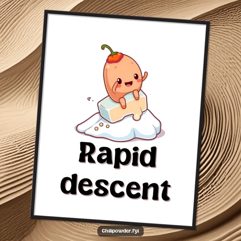 Funny Kawaii chili powder character joyfully riding a melting ice cube, a humorous digital art print.